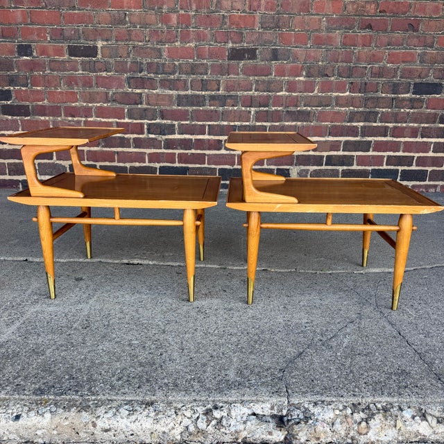 Lane Furniture Pair of Copenhagan Two Tier Walnut End Tables by Lane Furniture For Sale - Image 4 of 12