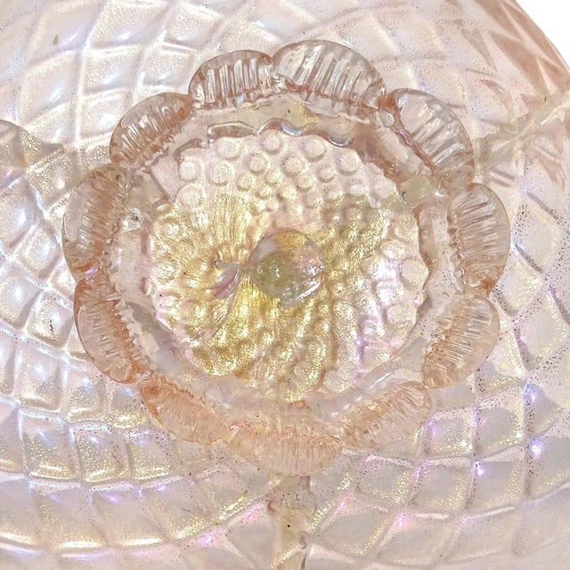 Antique Murano Pink Opal Gold Flecks Iridescent Diamond Quilted Surface Italian Art Deco Glass Serving Bowl For Sale - Image 12 of 12