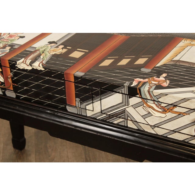 Black Vintage Chinese Style Lacquered Figural Scene Console For Sale - Image 8 of 13