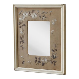 Antique Small-Scale Silk Floral Embroidered Linen Mat Mirror, Circa 1920s-30s For Sale