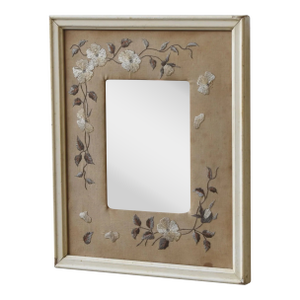 Antique Small-Scale Silk Floral Embroidered Linen Mat Mirror, Circa 1920s-30s