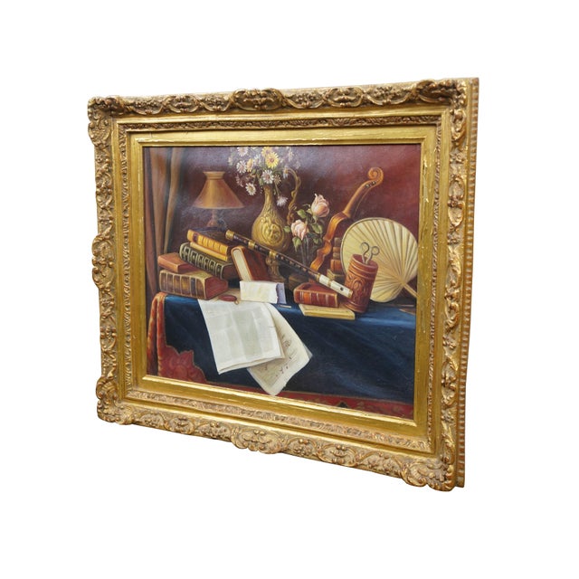 American Late 20th Century Ease Still Life Oil Painting After William Michael Harnett Music Instrument's For Sale - Image 3 of 11