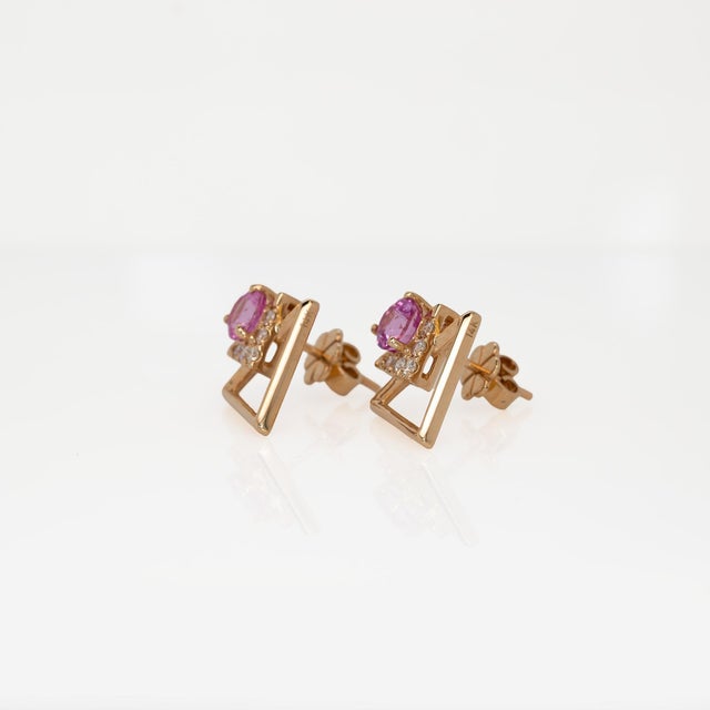 Pink 1.5cts Pink Sapphire Stud Earrings With Natural Diamonds Accents: Solid 14k Gold, A Pair For Sale - Image 8 of 9