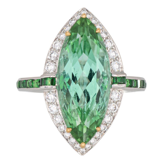 Late 20th Century Tiffany & Co High Jewelry Green Tourmaline Diamond Ring Tsavorite 18k Platinum, Size 6 For Sale