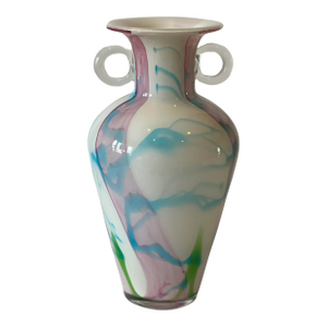Art Glass Pink White Blue Abstract Loop Handled Vase