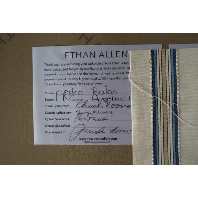 Ethan Allen Custom Camelback Sofa in Dimensional Woven Blue & Ivory Stripe For Sale - Image 18 of 18