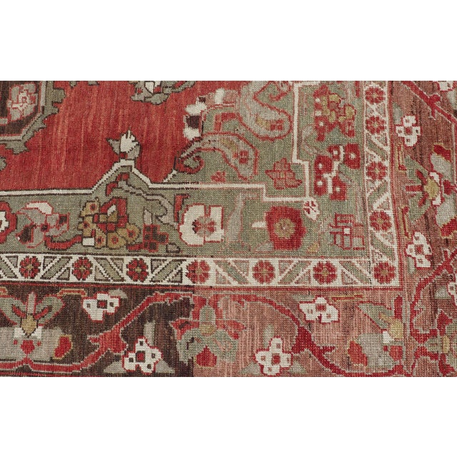 Antique Turkish Oushak Rug With Medallion in Soft Red, Light Green & Brown For Sale - Image 12 of 16