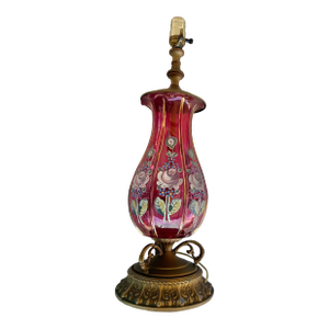 Vintage Floral Hand Painted Pink Glass Lamp