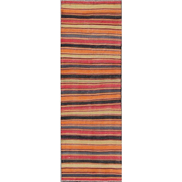 Red Kilim Runner With Multicolor Horizontal Stripes in Red, Orange and Black 3'10 X 11'3 For Sale - Image 8 of 8