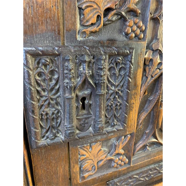 Wood Pair of Antique French Gothic Carved Oak Cabinets With Heraldic Crest Iron Hardware - 2 For Sale - Image 7 of 9