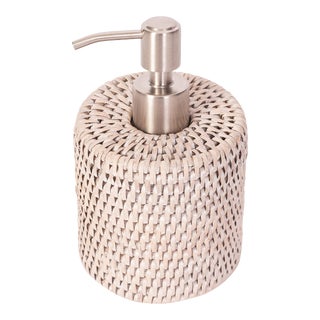 Artifacts Rattan Stainless Steel Polished Finish Soap Pump Dispenser in White For Sale