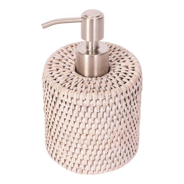 Artifacts Rattan Stainless Steel Polished Finish Soap Pump Dispenser in White For Sale