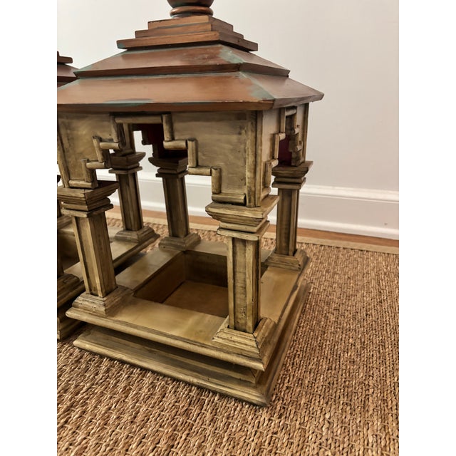Wood Vintage Asian-Inspired Pagoda Lantern Stands With Distressed Finish and Faux Verdi Gris Copper Roofs, a Pair For Sale - Image 7 of 11