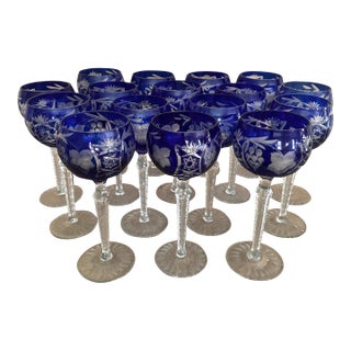 Set of 16 Nachtmann Cobalt Blue Cut to Clear Crystal Bavarian Wine Glasses 8.5” For Sale