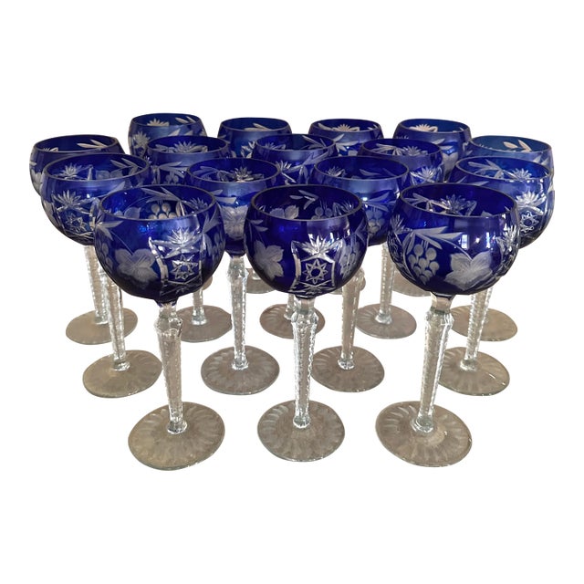 Set of 16 Nachtmann Cobalt Blue Cut to Clear Crystal Bavarian Wine Glasses 8.5” For Sale