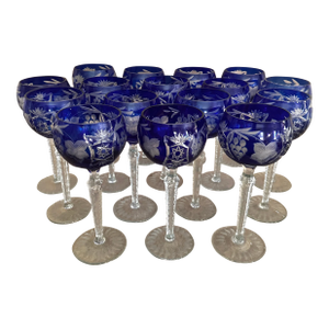 Set of 16 Nachtmann Cobalt Blue Cut to Clear Crystal Bavarian Wine Glasses 8.5”