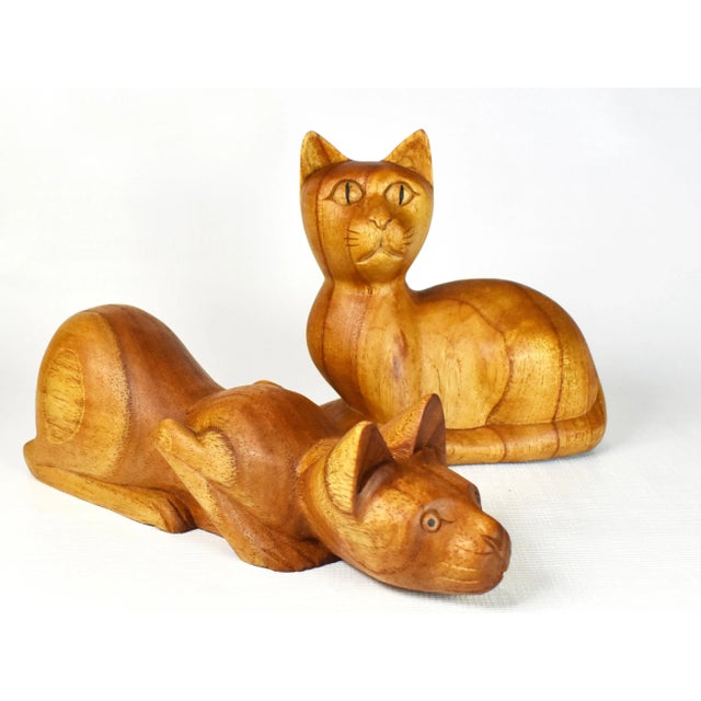 Mid-Century Modern Vintage Wooden Hand Carved Cat Figurine - a Pair For Sale - Image 3 of 10