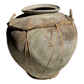 Large Grey and Red Terracotta Pot with Rattan Handles and Crossbars, 1960s For Sale