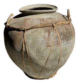 Large Grey and Red Terracotta Pot with Rattan Handles and Crossbars, 1960s