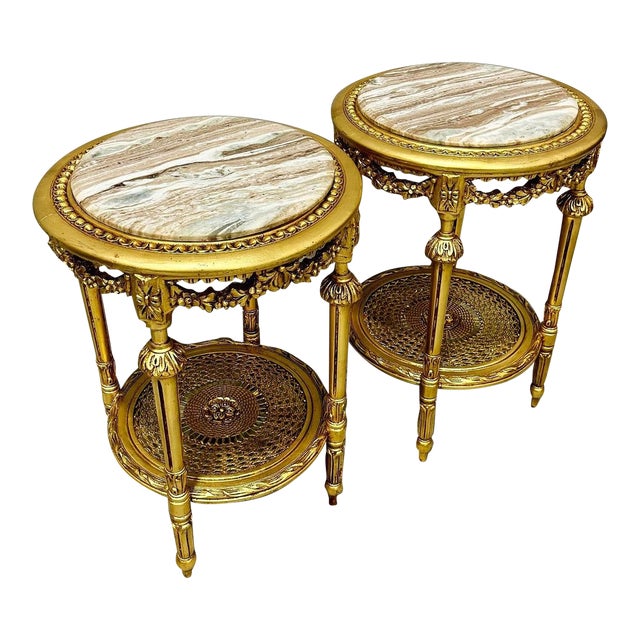 Side Table Set of 2 Marble Topped Gold Italian Style For Sale