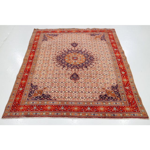1960s Persian Mashad Handmade Beige Wool Rug With Rosette Motif For Sale - Image 9 of 9