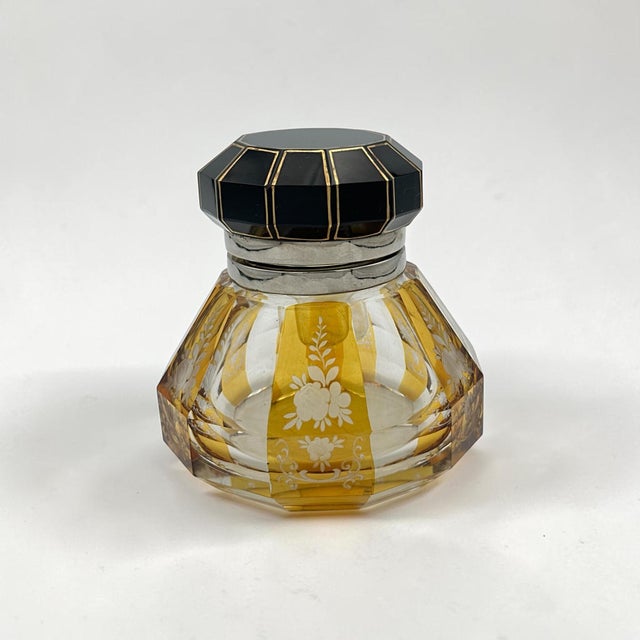 Mid 20th Century Vintage Glass & Enamel Inkwell – Octagonal Cut Glass With Black & Gold Hinged Lid – Decorative Desk or Vanity Accent For Sale - Image 5 of 8
