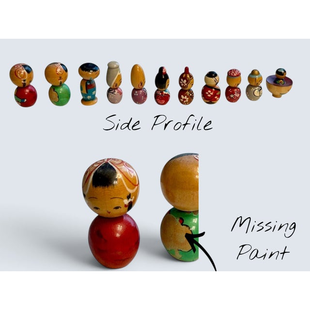 Vintage Japanese Miniature Kokeshi Dolls Set 11-Hand Painted Wood-Japan Folk Art For Sale - Image 9 of 10