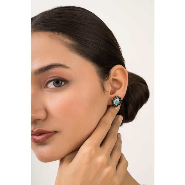 Not Yet Made - Made To Order 6.46ct Turquoise Sapphire Diamond Halo Floral Cluster Stud Earrings in 14k Gold-a Pair For Sale - Image 5 of 14