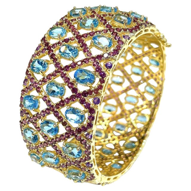 Bochic "Capri" Vintage Blue Topaz & Amethyst Gem & Cuff Set In 18K Gold & Silver For Sale - Image 17 of 18