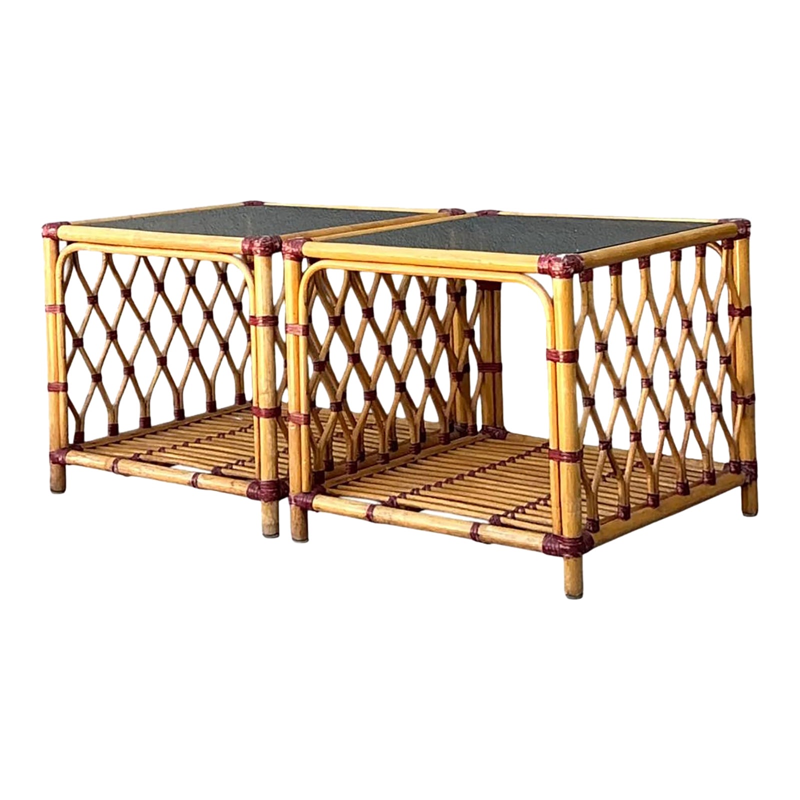 Vintage Trellis Rattan and Glass Side Tables - Pair | Chairish