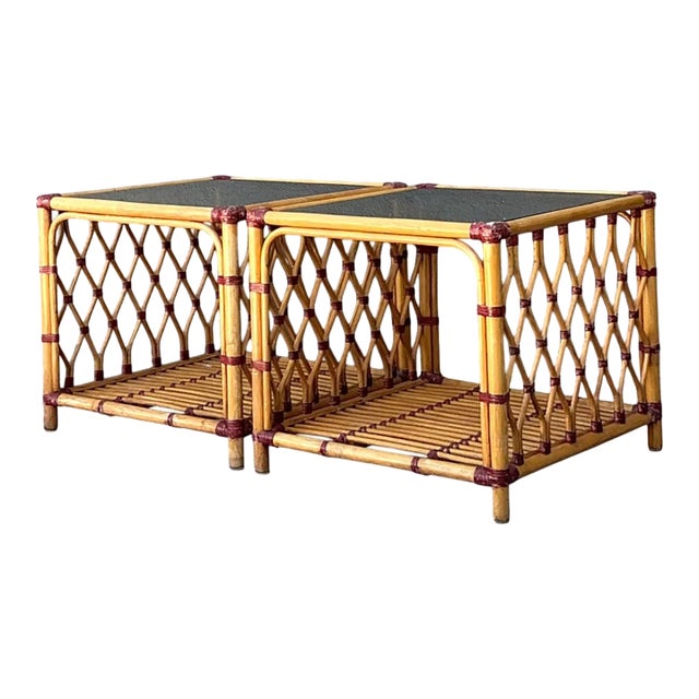 Vintage Trellis Rattan and Glass Side Tables - Pair For Sale