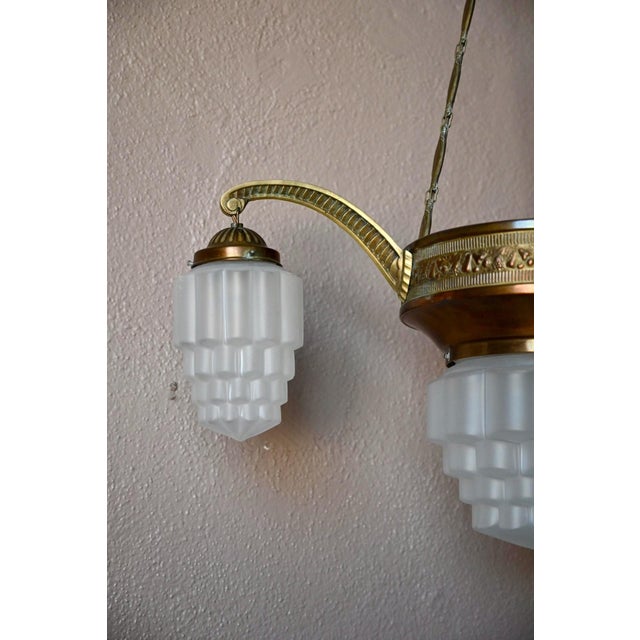Art Deco Brass and Frosted Pressed Glass Chandelier, 1920s For Sale - Image 10 of 18