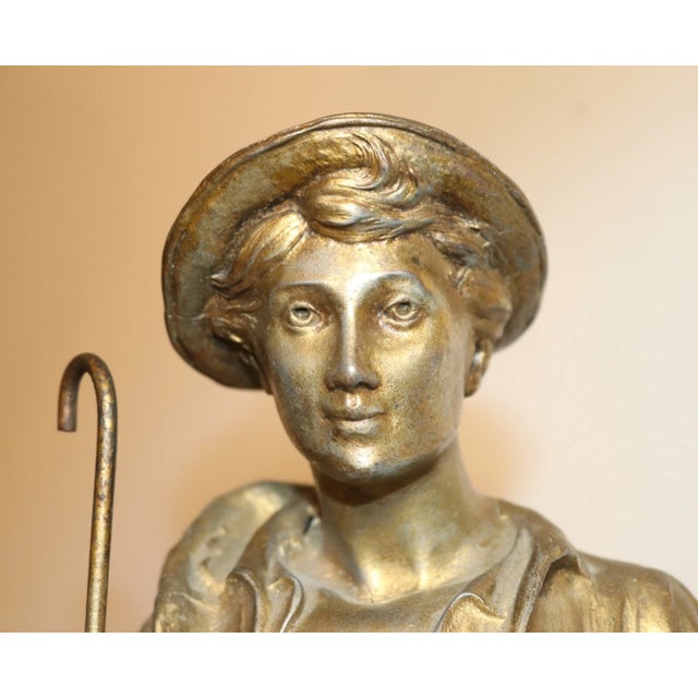 Large Antique Gold Gilded Metal Sheep Herder Paysan Figural Statue Sculpture For Sale - Image 10 of 12