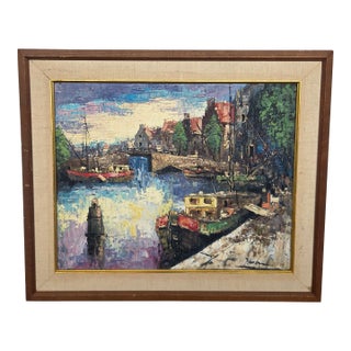 Mid-Century John F. Helm (B. 1900-1972) Harbor Scene Oil Painting on Canvas For Sale