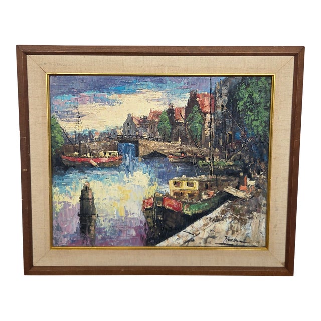 Mid-Century John F. Helm (B. 1900-1972) Harbor Scene Oil Painting on Canvas For Sale
