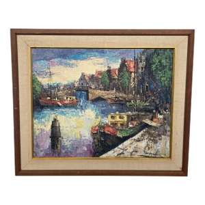 Mid-Century John F. Helm (B. 1900-1972) Harbor Scene Oil Painting on Canvas