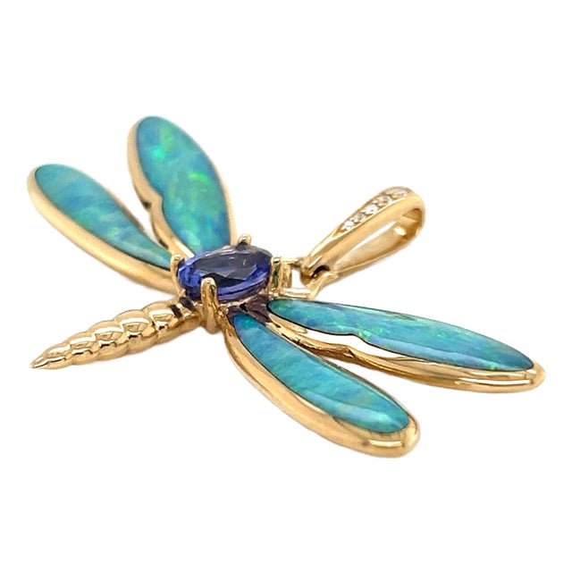 Kabana Opal Diamond Tanzanite 14k Yellow Gold Dragonfly Charm Pendant For Sale