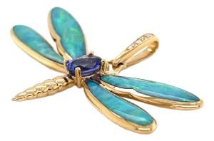 Kabana Opal Diamond Tanzanite 14k Yellow Gold Dragonfly Charm Pendant