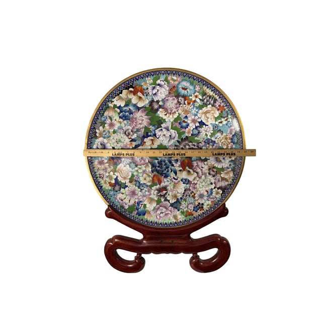 Chinoiserie 1960s Large Chinese Cloisonné Enamel "Thousand Flowers" Charger, 25" Diameter, 32.5" H on Stand For Sale - Image 3 of 6