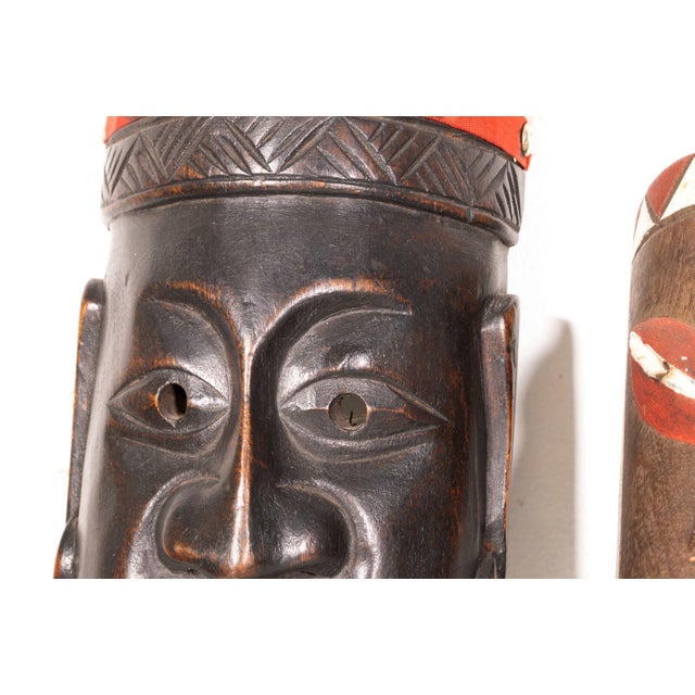Pair of Vintage African Tribal Hand Carved & Painted Wooden Mask With Feathers For Sale - Image 4 of 7