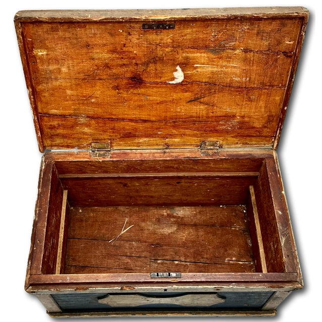 Outstanding Mid 1800s Smaller Size Antique New England Seaboard Pine Carpenters Tool Chest With Great Original Paint - 12 X 13 X 22 Inches For Sale - Image 16 of 18