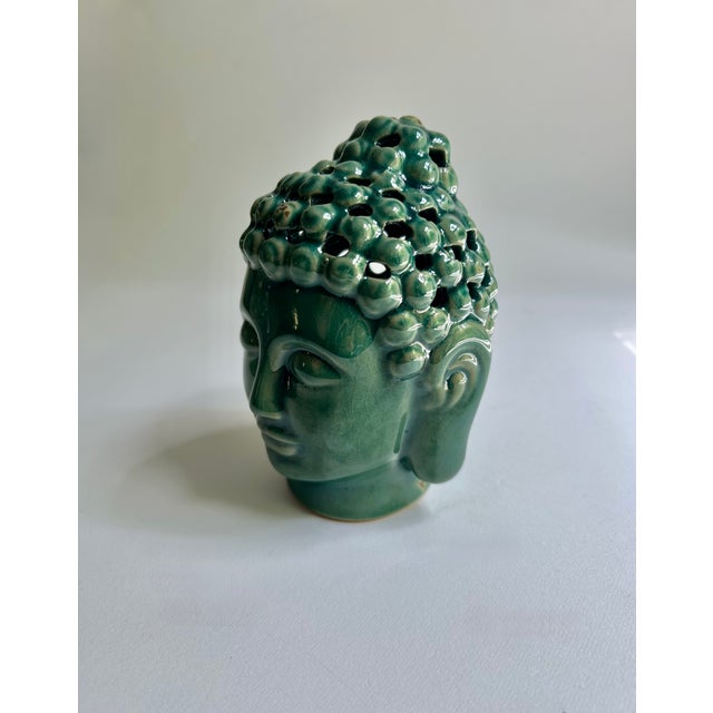 Vintage Pierced Glossy Green Glazed Ceramic Buddha Head For Sale In New York - Image 6 of 16