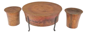Vintage Hummered Forged Copper & Iron Round Coffee Table & Pair of Stools Seats