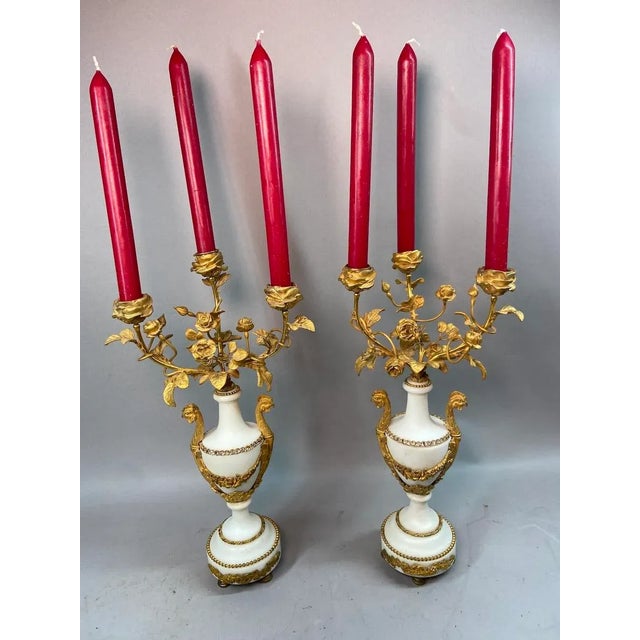 Bronze 19thC French Louis XVI White Marble Bronze Candelabras - Pair For Sale - Image 8 of 17