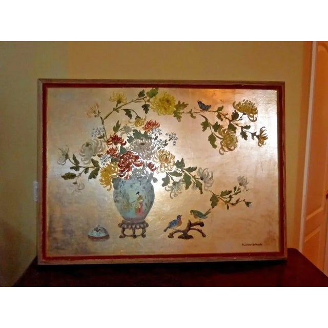 Asian Vintage Oriental Asian Silver Gilt Floral Picture Painting by r.j. Schellanbach For Sale - Image 3 of 11