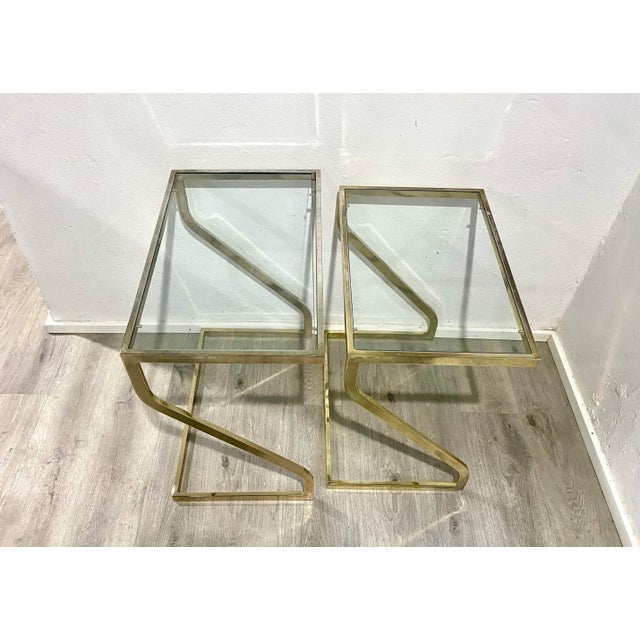 Brass Modern Glass Top Brass Frame Nesting Tables - A Pair For Sale - Image 8 of 12