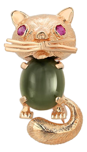 Vintage 14k Gold, Spinach Jade and Ruby Cat Brooch