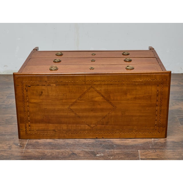 French 19th Century Louis XVI Walnut Commode with Marquetry and Brass Pulls For Sale - Image 10 of 10