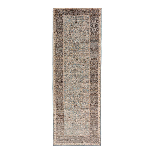 Elegant Modern Ottoman-Style Runner With Intricate Patterns in Blues and Browns 3'5" X 10'7" For Sale