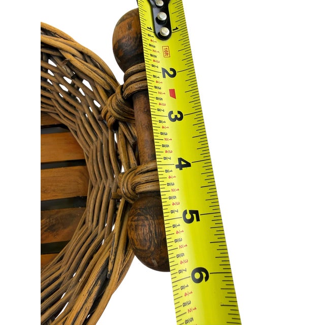 Vintage Wicker Basket With Turned Wood Double Ball Finial Handles - Boho Coastal Folk Art For Sale - Image 9 of 11